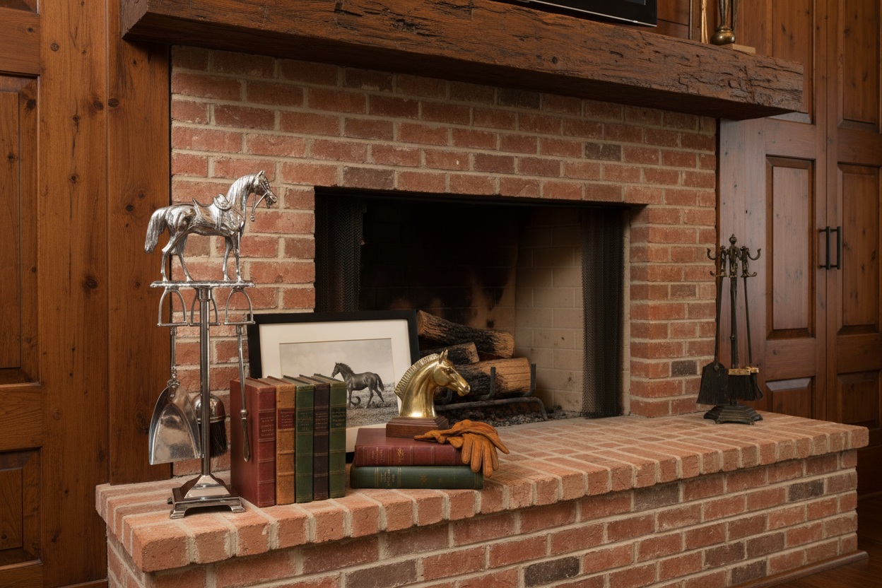 Tabletop chrome horse fireplace tool set on brick hearth ledge with vintage books and equestrian decor in masculine Western living room