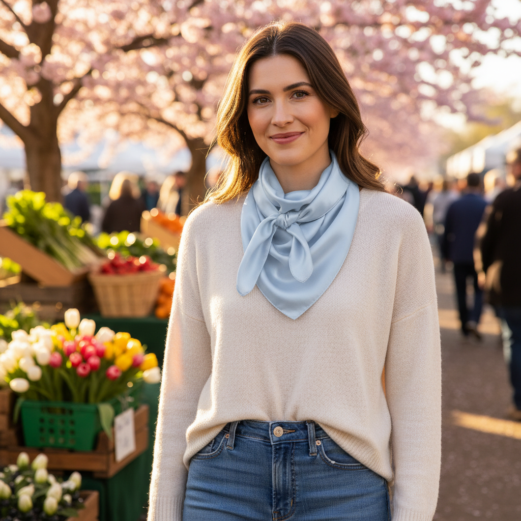 Spring outdoor light blue wild rag scarf styled at farmers market with casual spring outfit