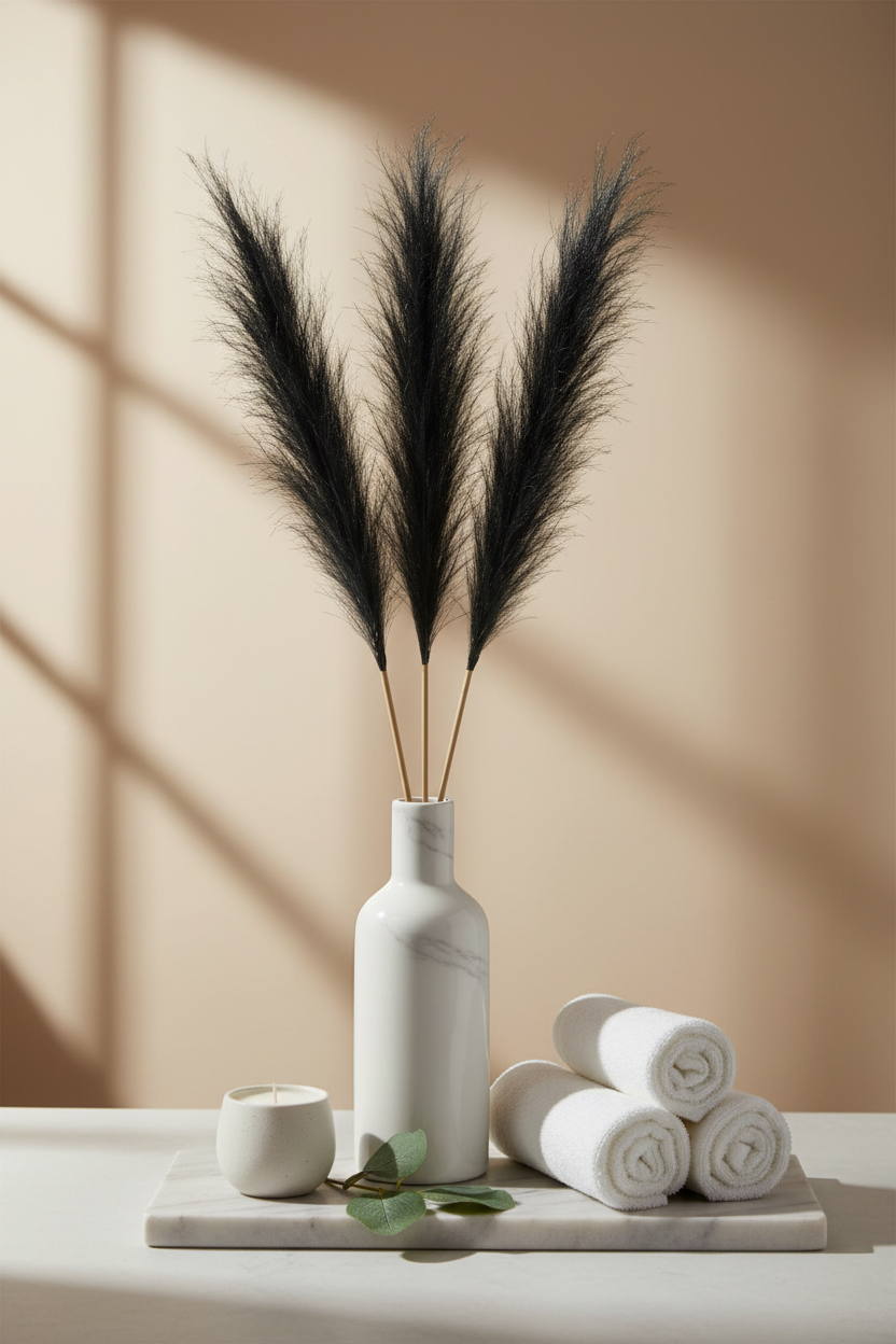 Three midnight black faux pampas grass stems with wispy feathery plumes arranged in a white textured ceramic vase on a marble tray, styled in a spa wellness vignette with rolled white towels, a candle, and eucalyptus
