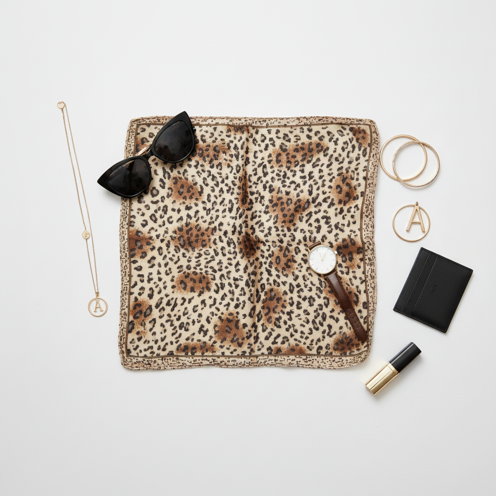 Flat lay of leopard print satin scarf with fashion accessories on white background