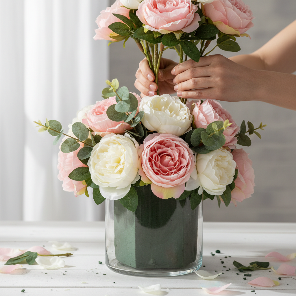 Hands inserting artificial silk flowers into a green dry floral foam brick in a clear glass vase to create a centerpiece