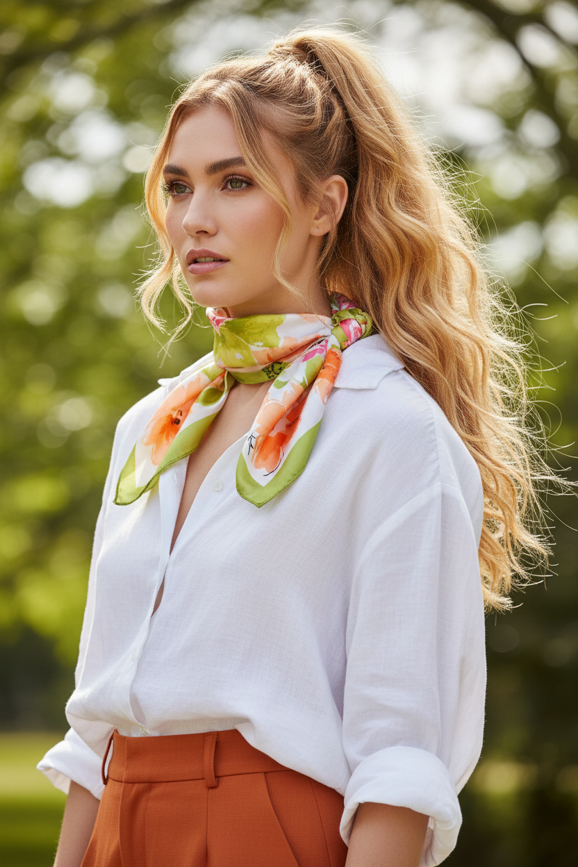 Woman with light medium skin tone and strawberry blonde hair wearing a green orange pink watercolor floral satin scarf wrapped around a high ponytail in a casual spring white and orange outfit
