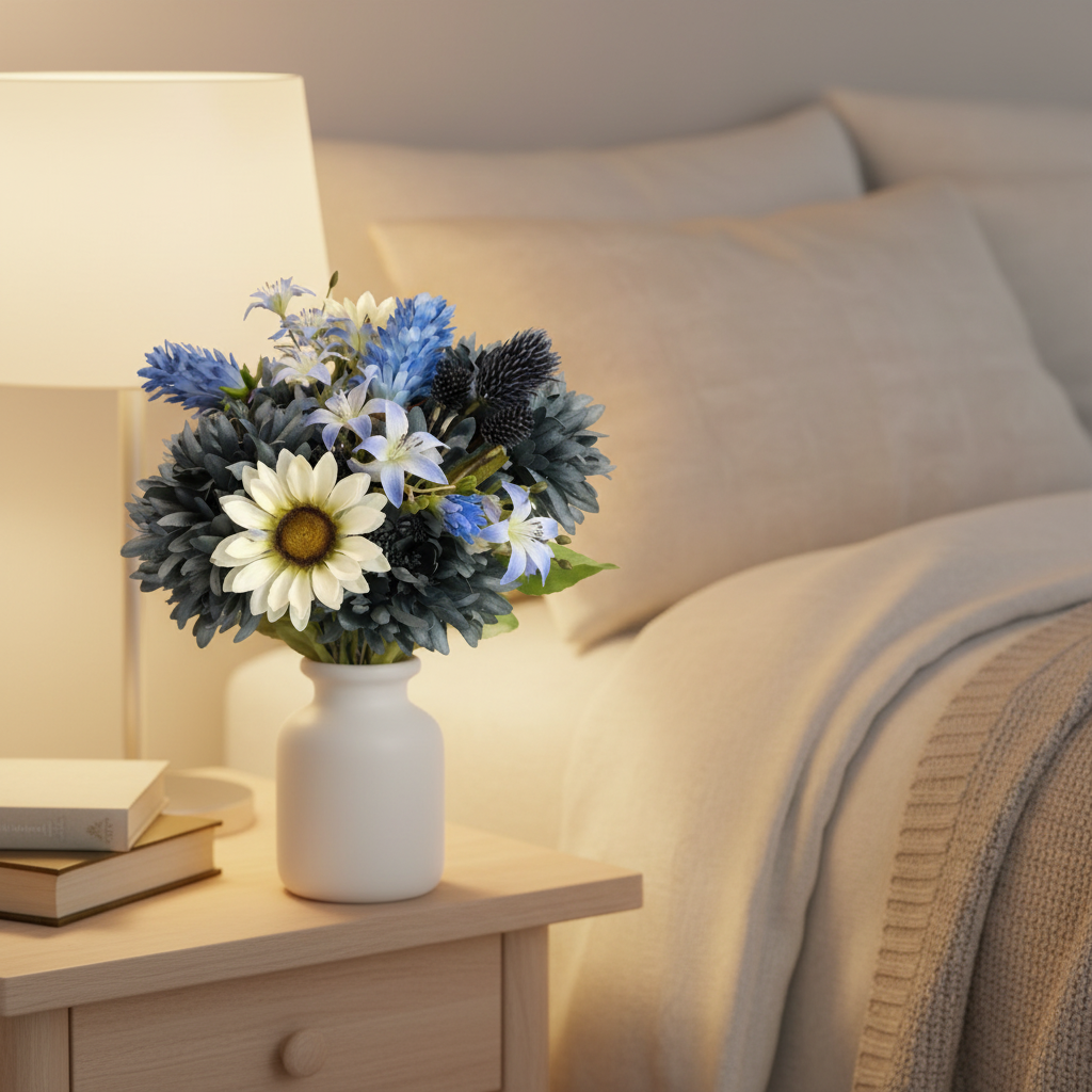 Artificial Blue Mum White Sunflower Bouquet Bedroom Nightstand Decor Faux Silk Flowers