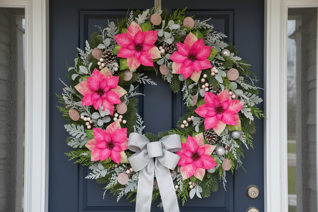 Florist-quality Christmas wreath featuring pink poinsettia bloom heads with silver ribbon, silver ornaments, frosted greens, and pink berries on an elegant door
