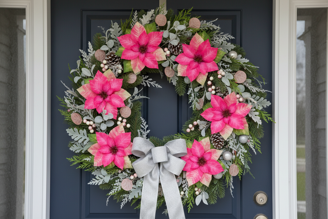 Florist-quality Christmas wreath featuring pink poinsettia bloom heads with silver ribbon, silver ornaments, frosted greens, and pink berries on an elegant door