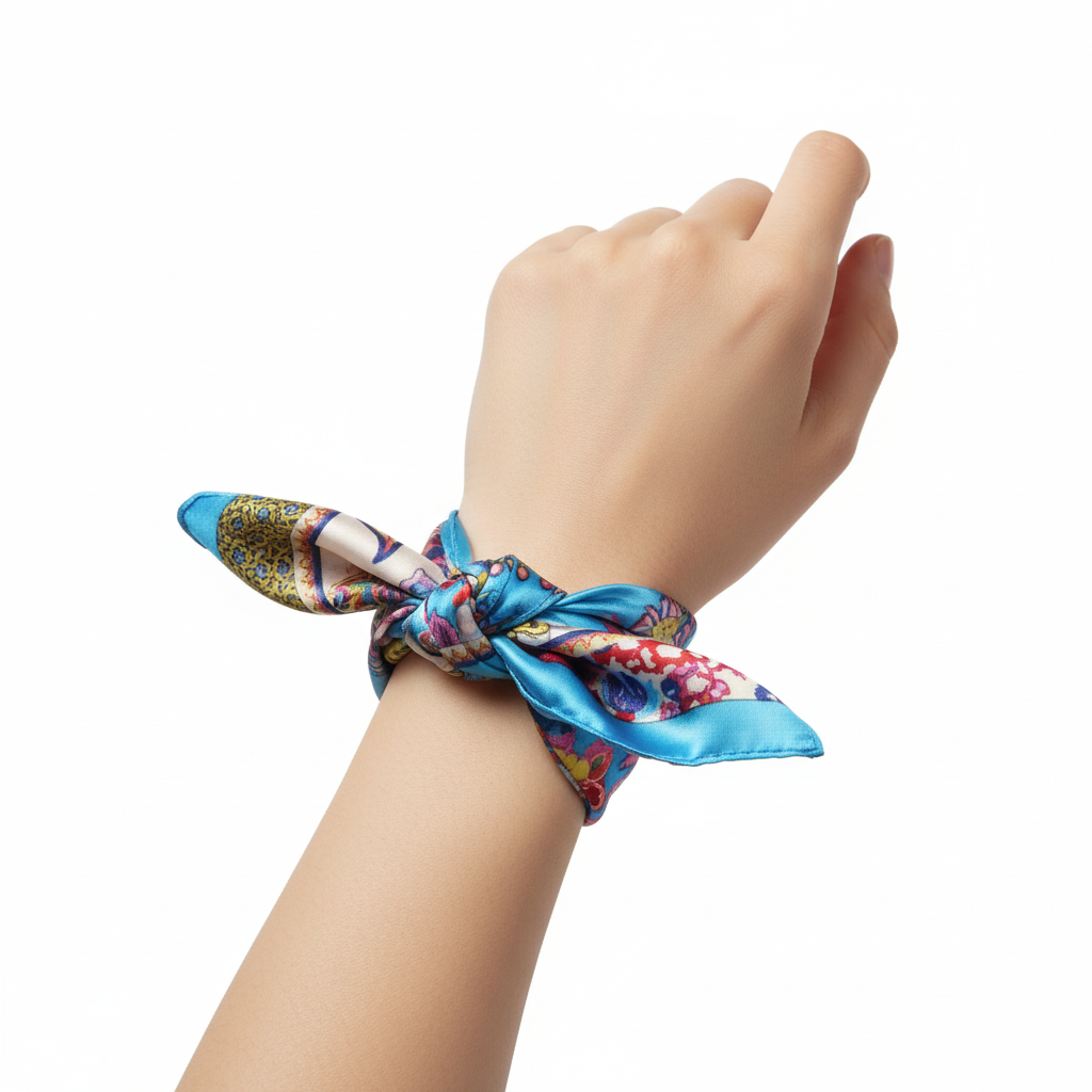 Blue floral bohemian satin scarf 20x20 wrapped around wrist as vibrant bracelet accessory