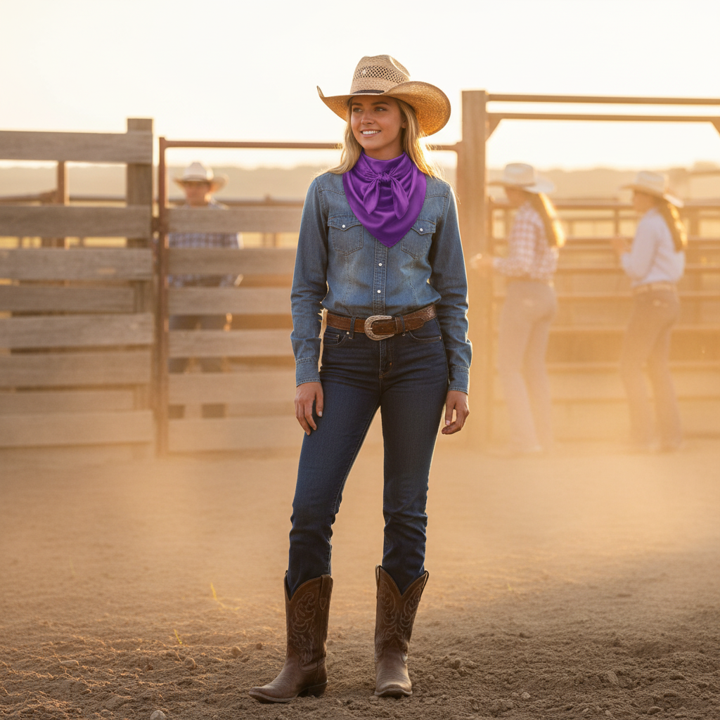Summer rodeo lifestyle with woman wearing purple wild rag scarf at rodeo arena, western outfit