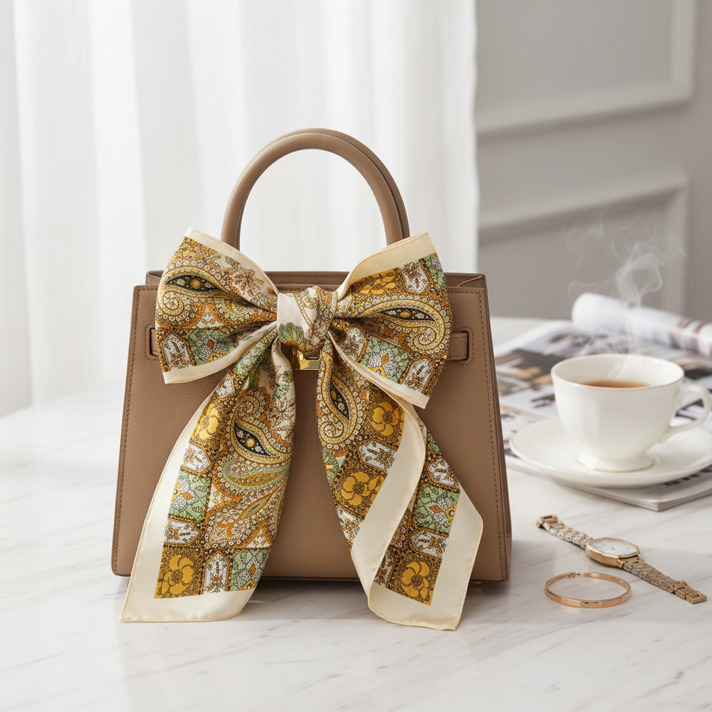 Cream gold sage green paisley satin scarf tied as decorative bow on luxury handbag handle – elegant bag accent accessory