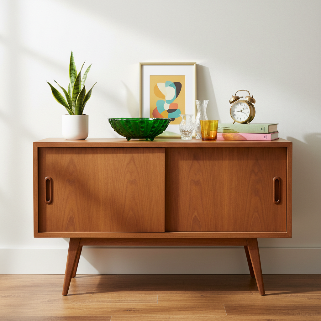 Vintage Anchor Hocking green footed bowl displayed on mid-century modern sideboard with retro decor, 1950s emerald glass Burple pattern collectible piece