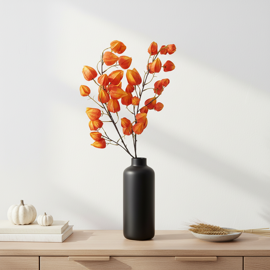 Two artificial orange Chinese lantern flower stems in black vase on modern minimalist sideboard with neutral autumn decor