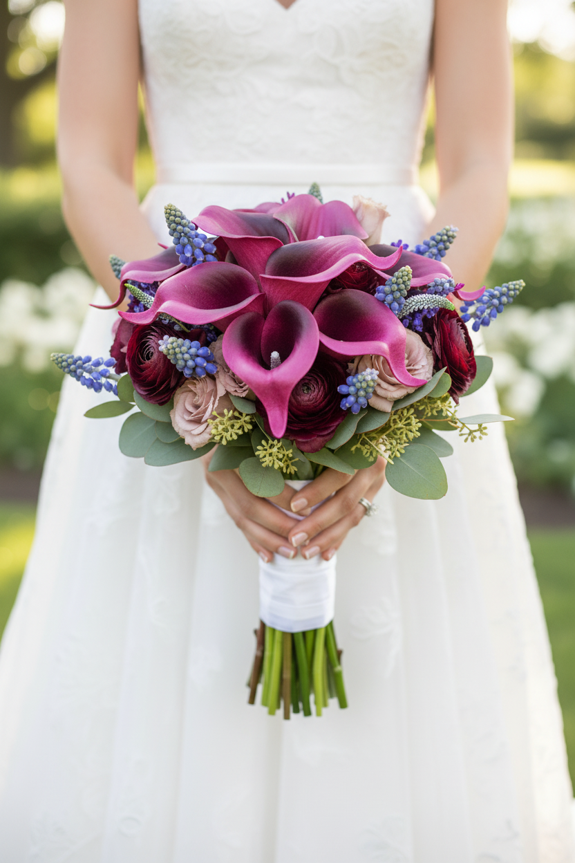 Plum purple calla lily bridal bouquet with magenta interior petals held by bride in white wedding gown - faux wedding flowers