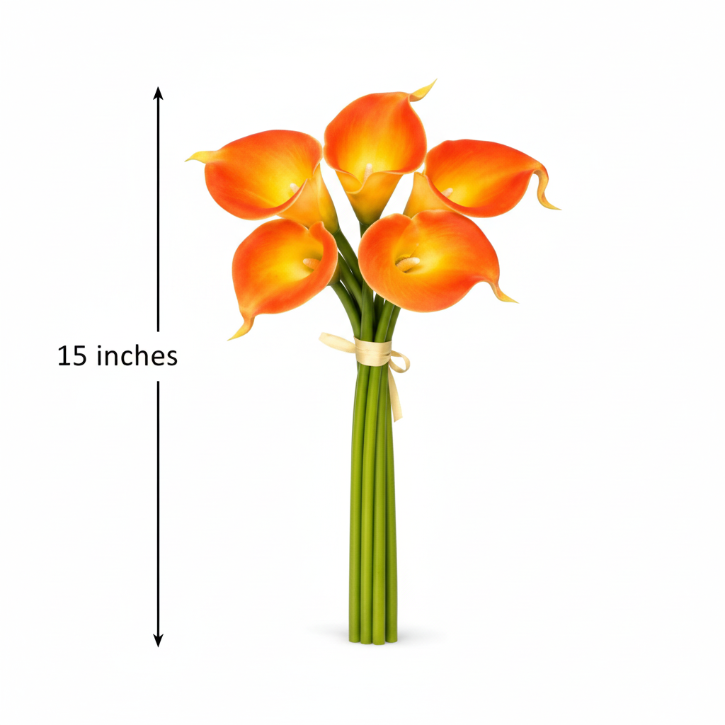 Orange calla lily faux flower bundle 5 stems measurement diagram showing 15 inches tall on white background