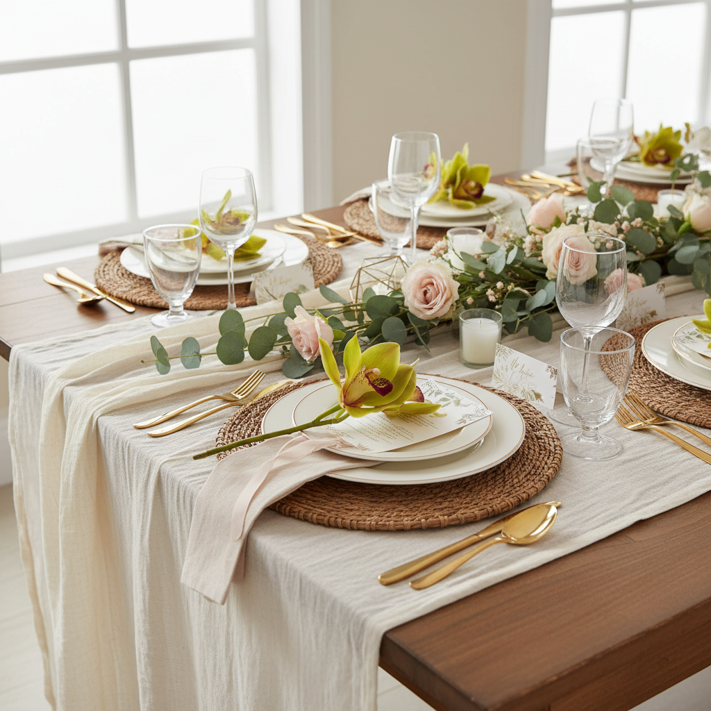 Bridal shower table setting with individual green orchid stems as botanical accent pieces