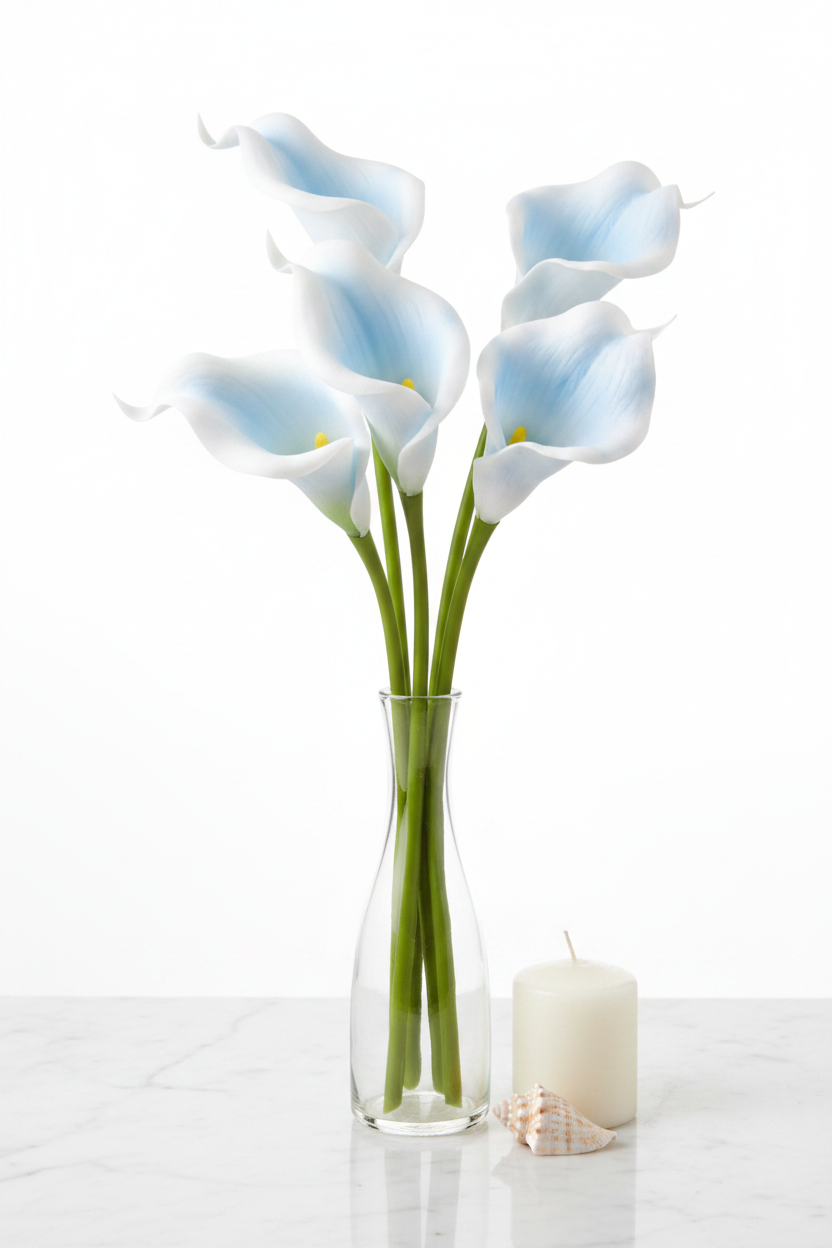 Baby blue and white artificial calla lily stems in a clear glass bud vase on white marble, spa bathroom lifestyle