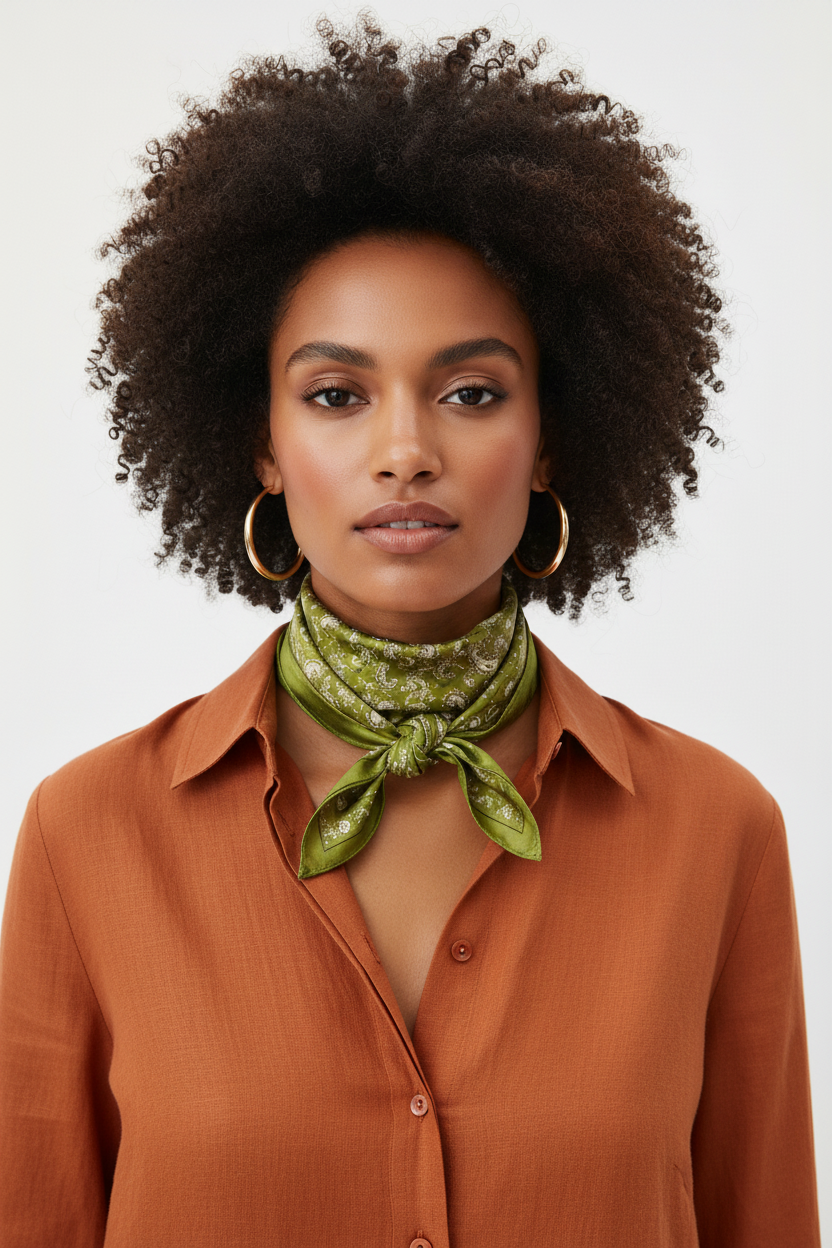 Woman with dark curly hair wearing olive green satin paisley scarf tied as a classic bandana neck tie over a rust orange shirt in a bright white studio