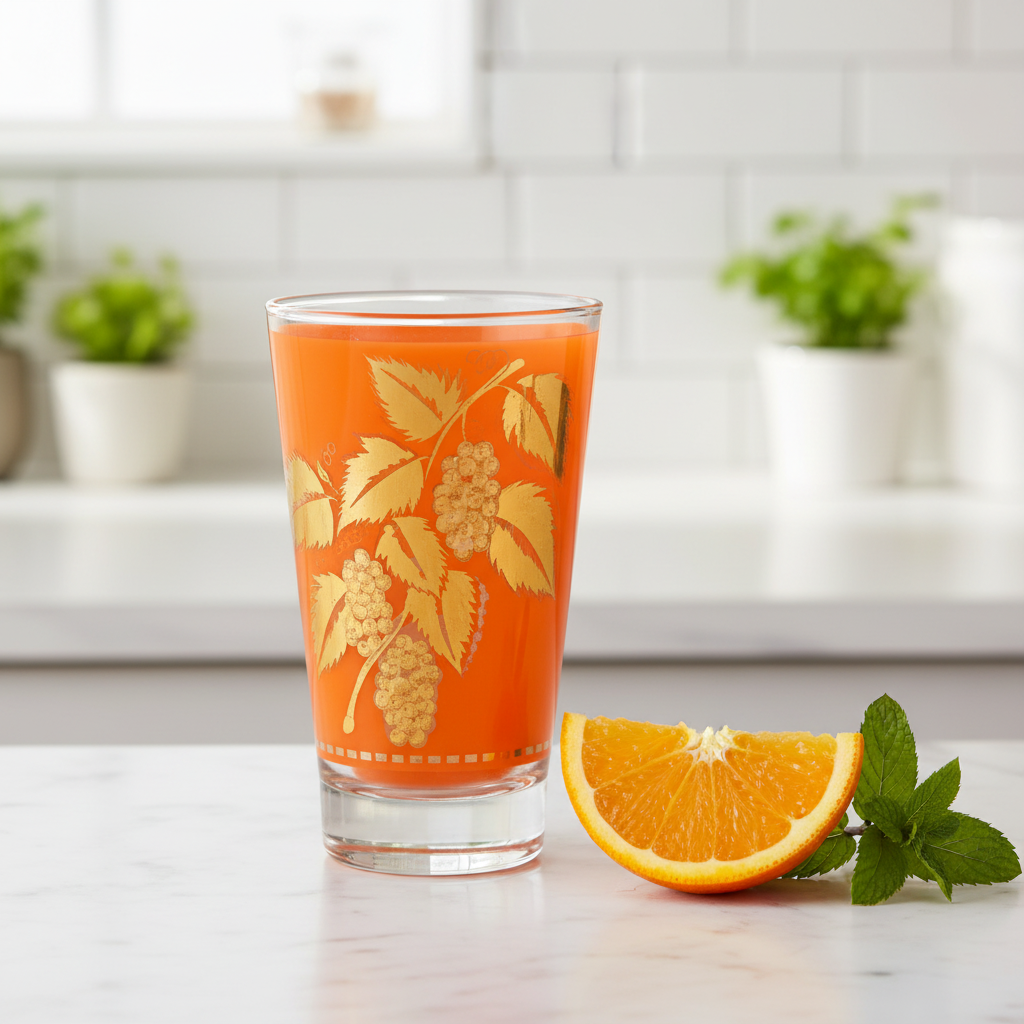 Vintage Libbey solid orange gold grape leaf glass on white marble countertop with orange slice and mint, 1950s retro tumbler