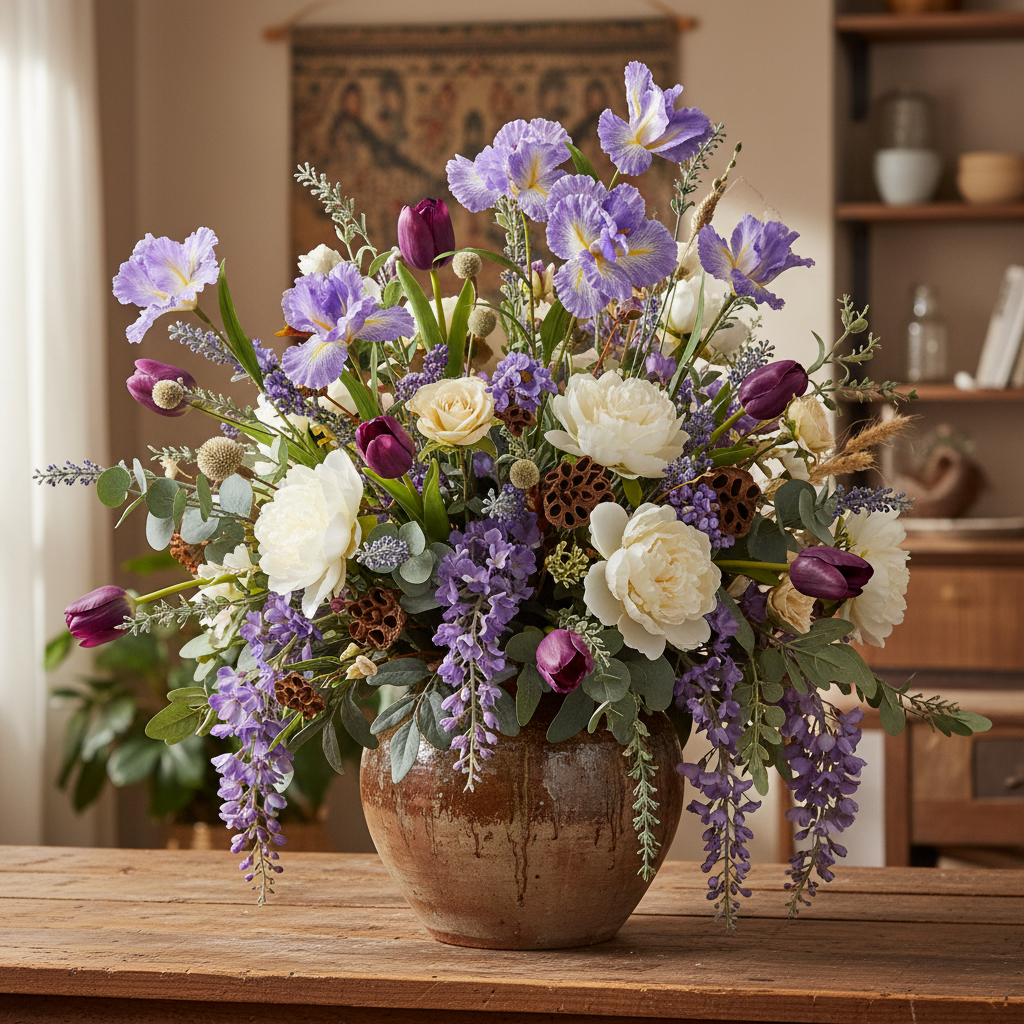 Faux lavender iris stem with ruffled soft lavender and pale violet blooms in a lush rustic vase overflowing with lavender sprigs, purple tulips, white peonies, ivory roses and eucalyptus