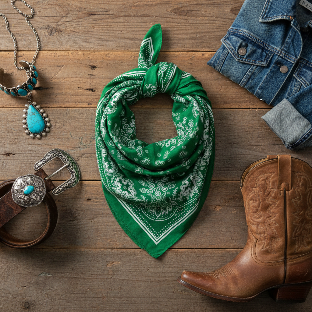 Flat lay of green paisley scarf with western boots belt jewelry denim