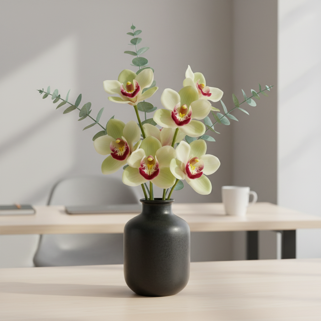 Artificial cream and pale green Cymbidium orchid bouquet with burgundy centers in a dark ceramic vase on a modern home office desk with eucalyptus