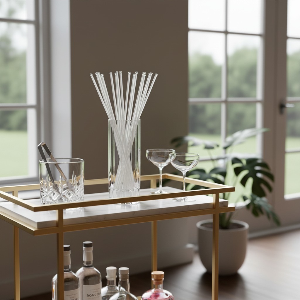 Clear glass stir sticks arranged in decorative vase on home bar cart, elegant minimalist interior decor