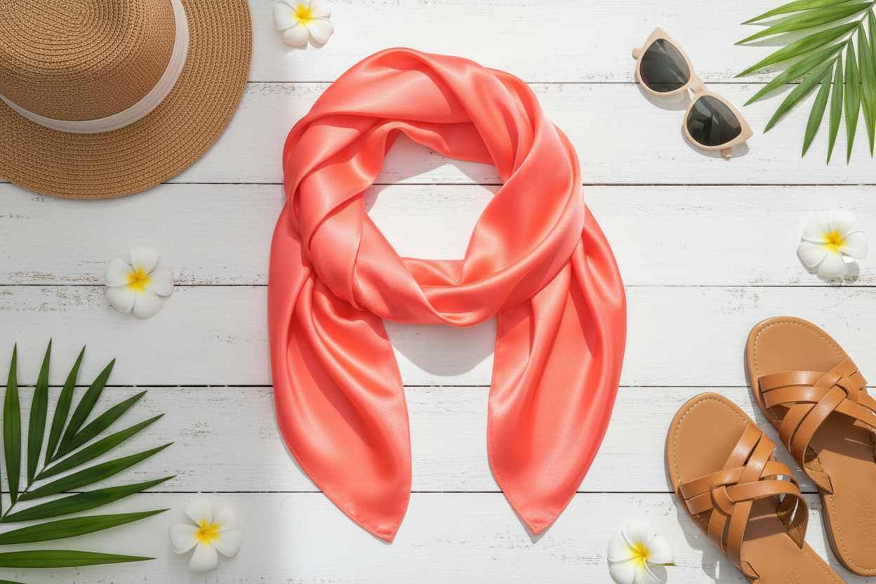 Coral wild rag summer flat lay with straw hat, sunglasses, and tan leather sandals on white wood