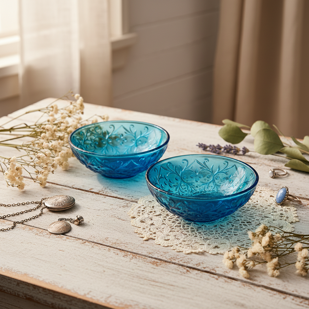 Vintage Queen Mary blue glass bowls styled on rustic white wood with dried flowers and lace, cottage farmhouse decor