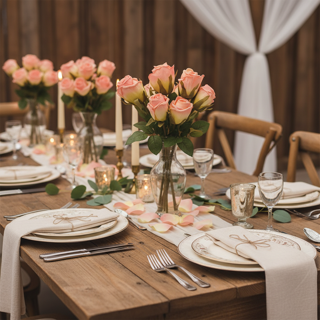Blush pink silk rose bouquet wedding centerpiece on rustic wooden table with vintage china plates linen napkins candlelight