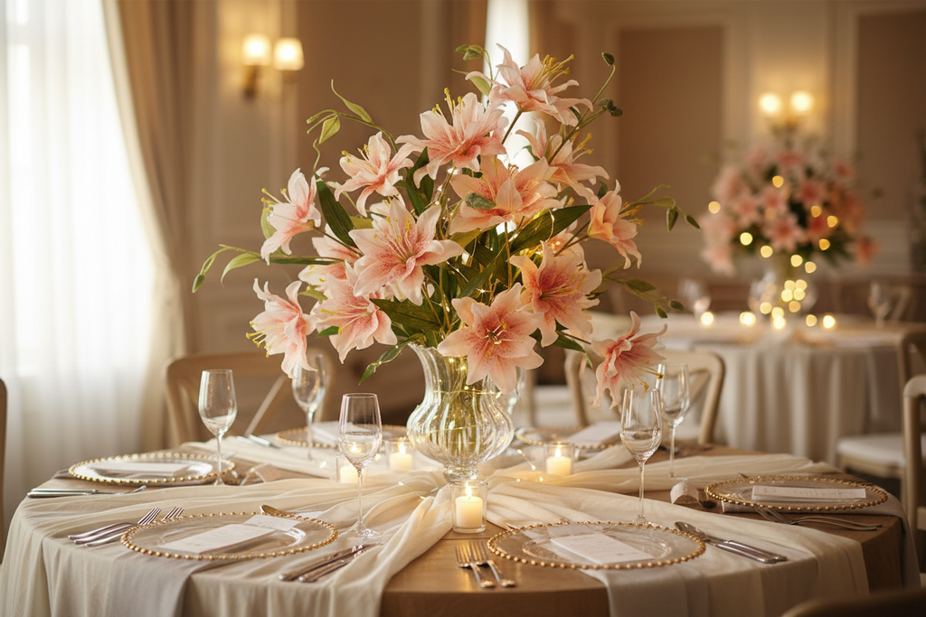 Peach coral lily stems as wedding centerpiece on elegant table with soft neutral linens, romantic warm wedding decor