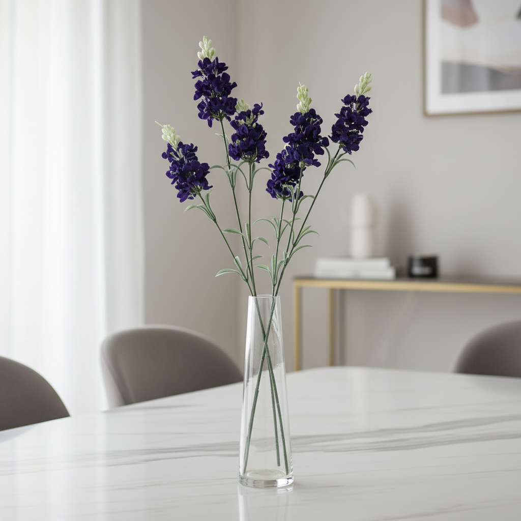Artificial purple delphinium stems in tall clear glass vase on white marble dining table elegant home decor