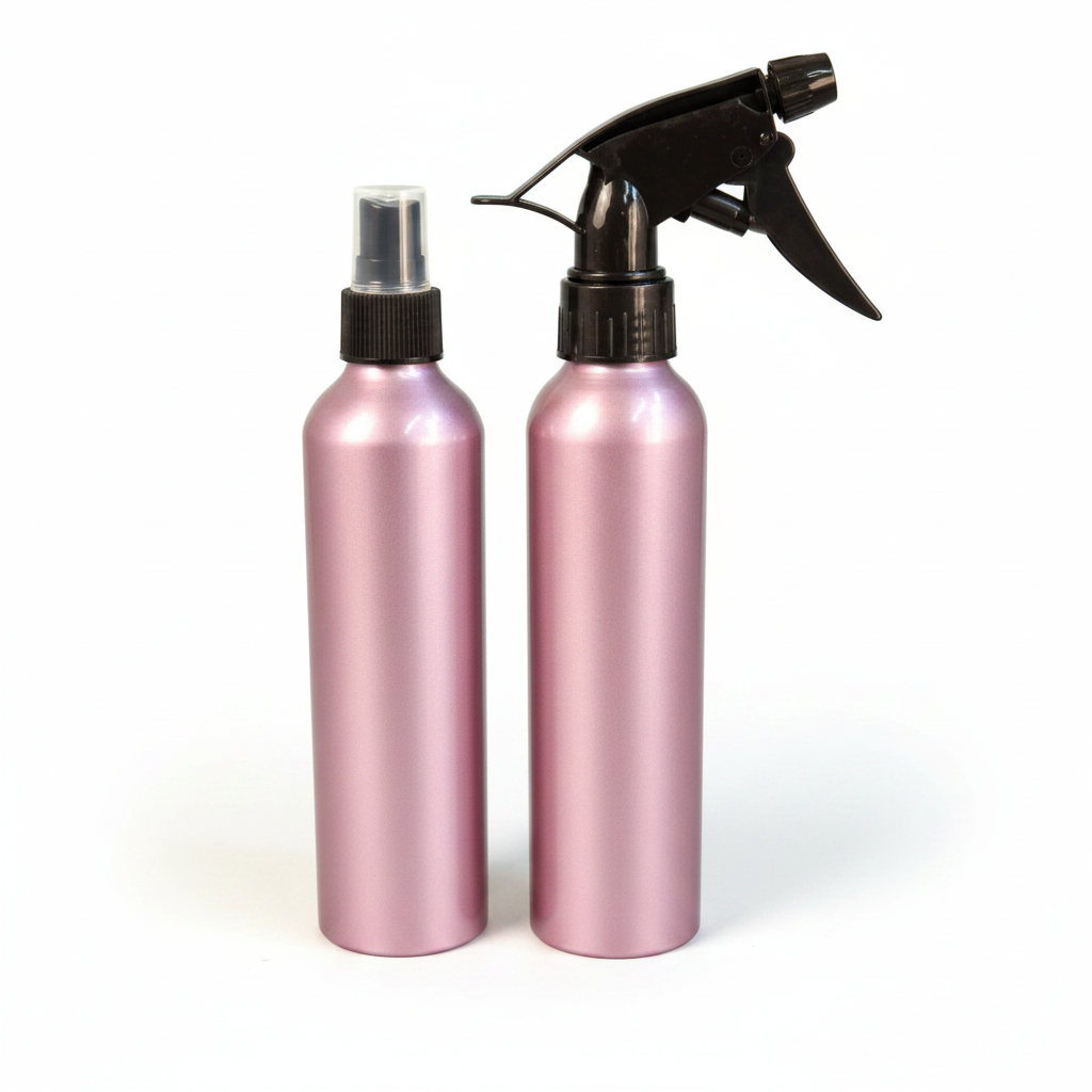 Two rosy mauve metallic pink aluminum bottles side by side on white background, one with black spray trigger cap and one with black pump cap, clean studio hero product shot
