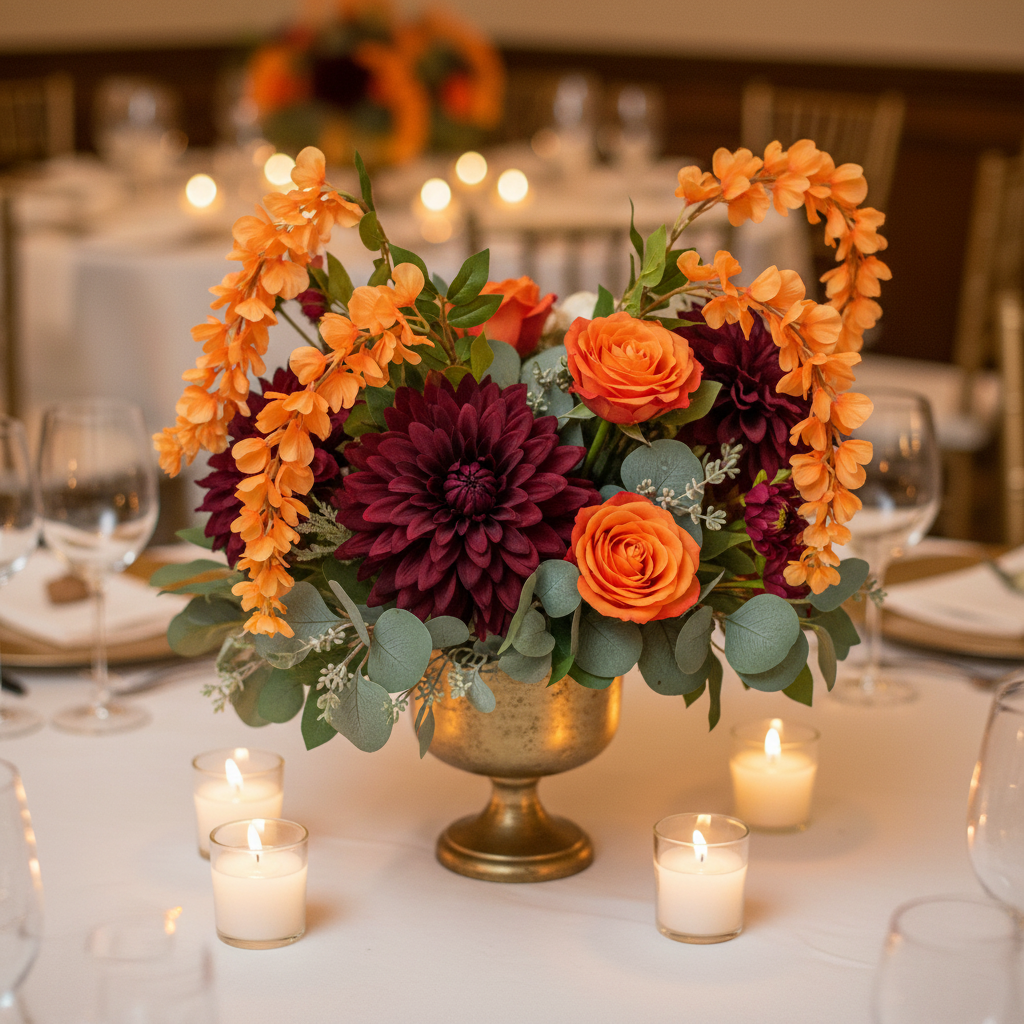 Artificial orange wisteria stem in a fall wedding centerpiece with burgundy dahlias, orange roses, and eucalyptus in a gold vase