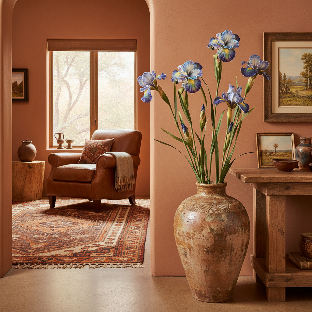 Blue faux iris stems in rustic floor vase, western southwestern interior styling, medium-height stems with compact flower heads