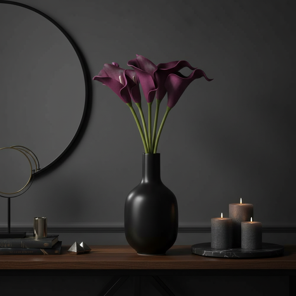 Plum purple artificial calla lily stems in sleek black vase on moody console table with candles and mirror - elegant home decor