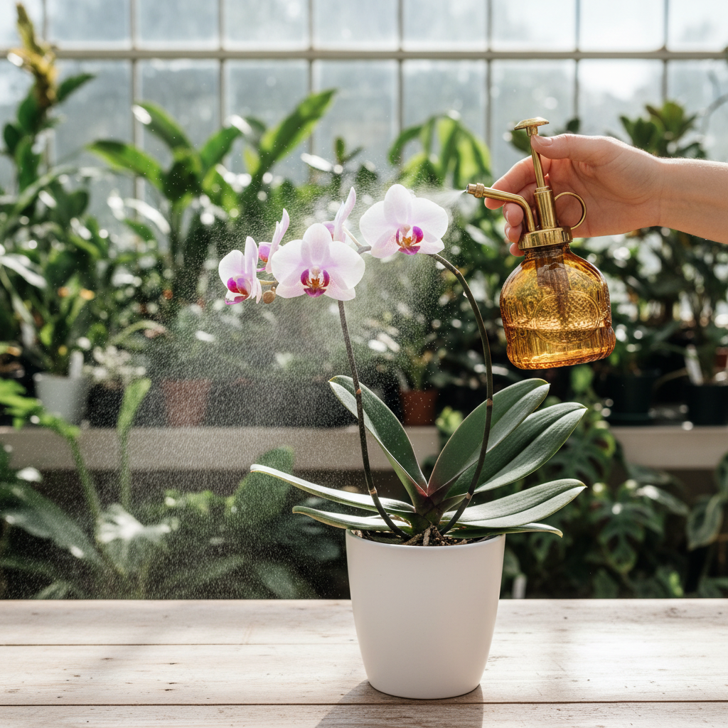 Hand using amber glass plant mister spraying fine mist on orchid plant in greenhouse with tropical plants