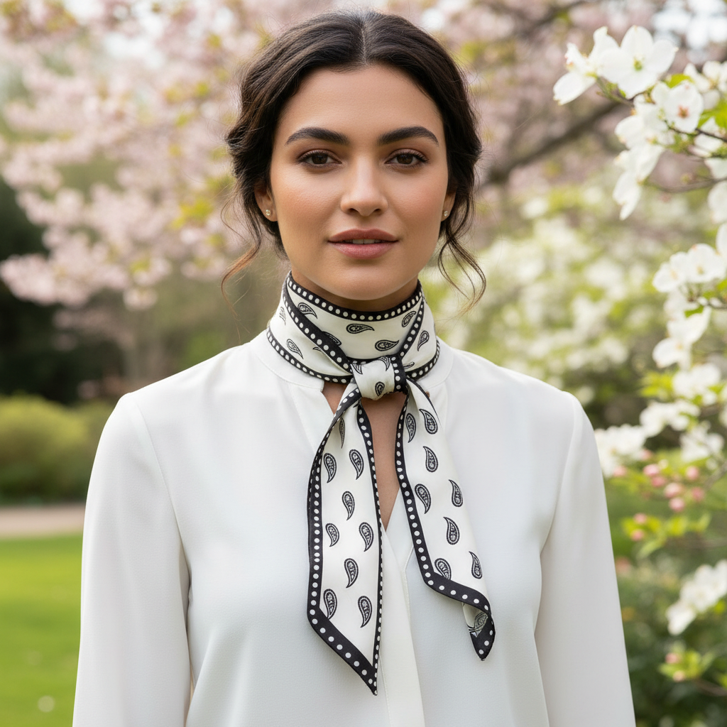 Woman wearing cream and black paisley skinny scarf tied as a neck scarf over white blouse – twilly neck scarf style