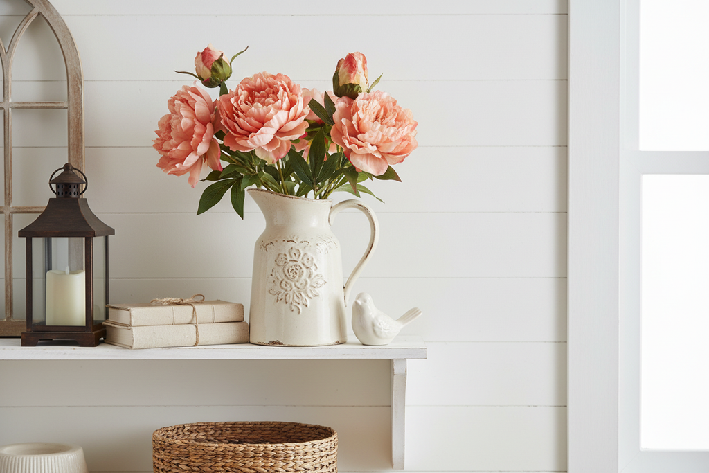 Peach coral peony stems with bud and bloom in vintage pitcher on white shiplap wall shelf with farmhouse accessories