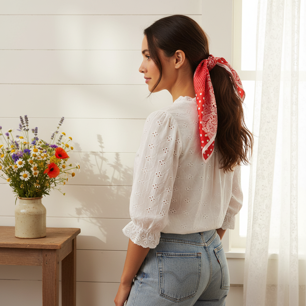 Woman wearing red and white paisley polka dot patchwork satin square scarf as a ponytail tie, cottagecore style, white eyelet blouse, shiplap wall background