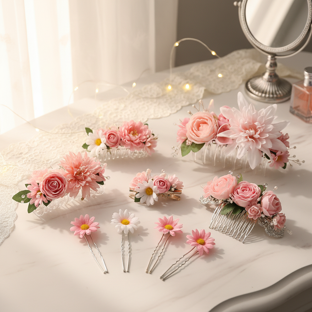 Bridal hair accessories featuring pink artificial flower heads on clips and combs