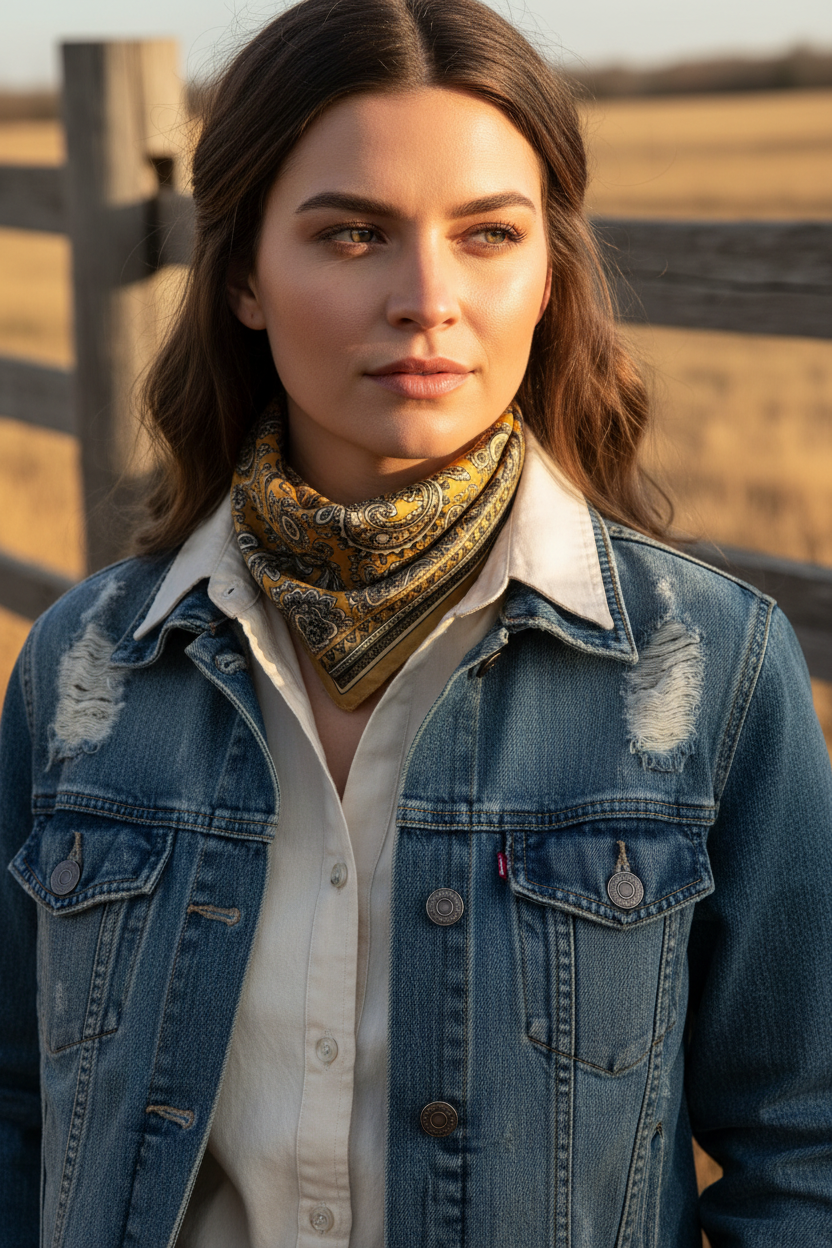 Woman wearing gold black paisley wild rag as compact neckerchief with denim jacket, western boho style outdoor ranch setting
