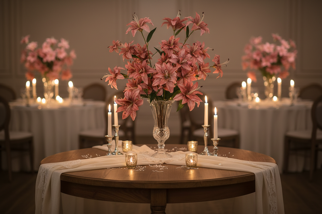 Tiger lily stems as wedding centerpiece on elegant table with soft linens, romantic upscale wedding decor