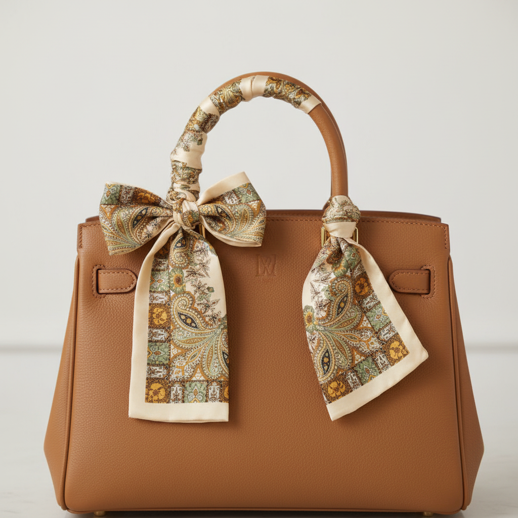 Cream gold paisley floral satin scarf tied as a bow on a luxury handbag handle – boutique bag accent