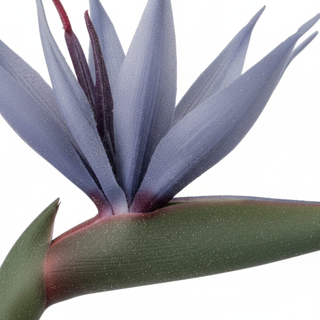 Close-up detail of dusty slate blue and soft lavender Bird of Paradise artificial flower bloom showing petal texture and moody purple tones