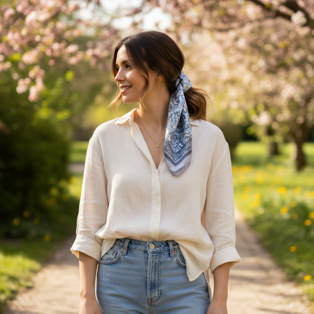 Woman wearing small light blue paisley satin square scarf tied in hair as ponytail wrap boho style