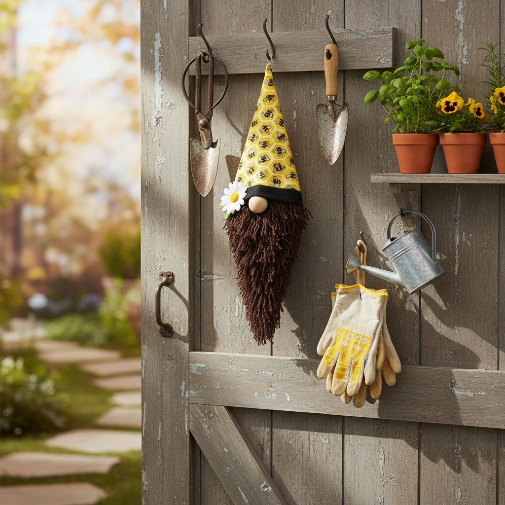 Spring bee gnome with yellow honeycomb bee hat, white daisies, and dark brown beard - seasonal carrot frame craft