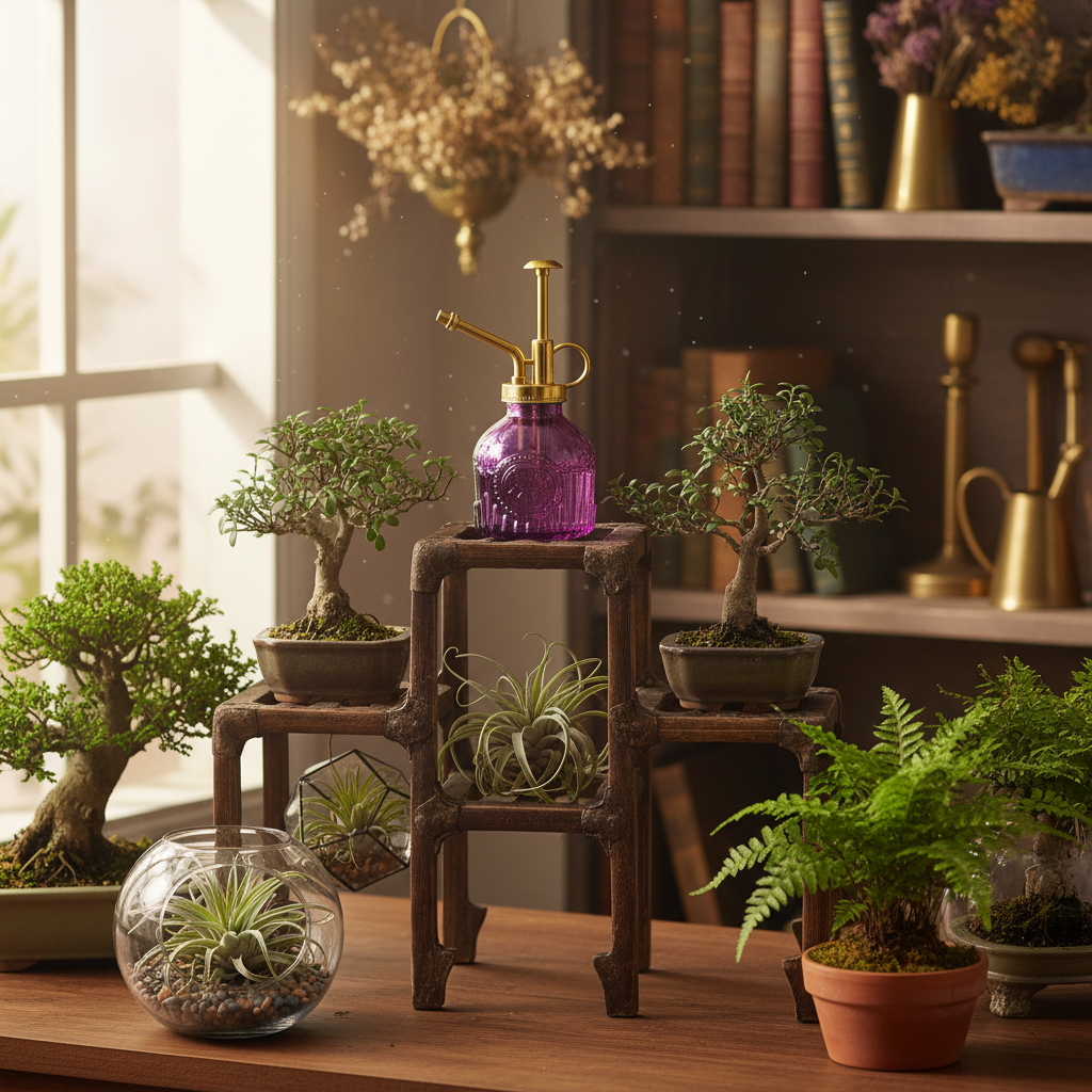 Purple glass plant mister with gold pump on wooden stand with bonsai trees and air plants