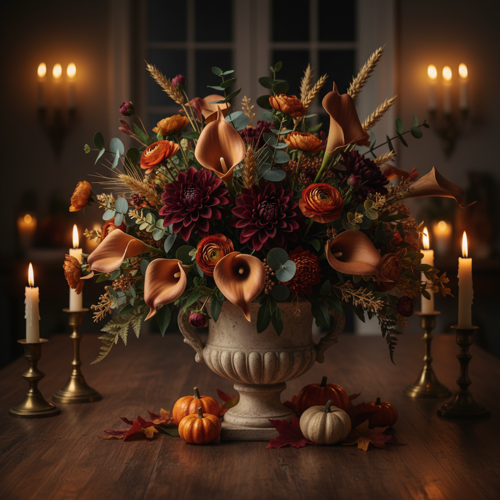 Terracotta calla lily stems with burgundy dahlias and rust ranunculus in an aged stone urn with autumn pumpkins and candlelight, Thanksgiving harvest centerpiece