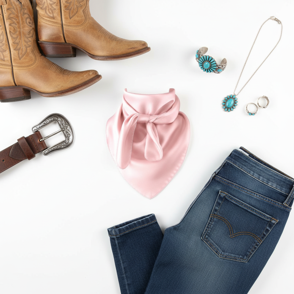 Flat lay of pastel pink wild rag scarf with western accessories including cowboy boots belt and jewelry