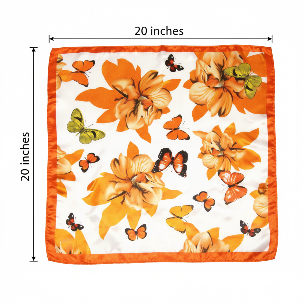 Orange Butterfly Floral Satin Scarf Measurement Diagram 20 x 20 Inches Square Dimensions