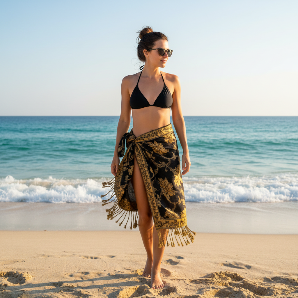 Woman wearing black gold paisley jacquard fringe shawl as beach cover-up sarong at ocean