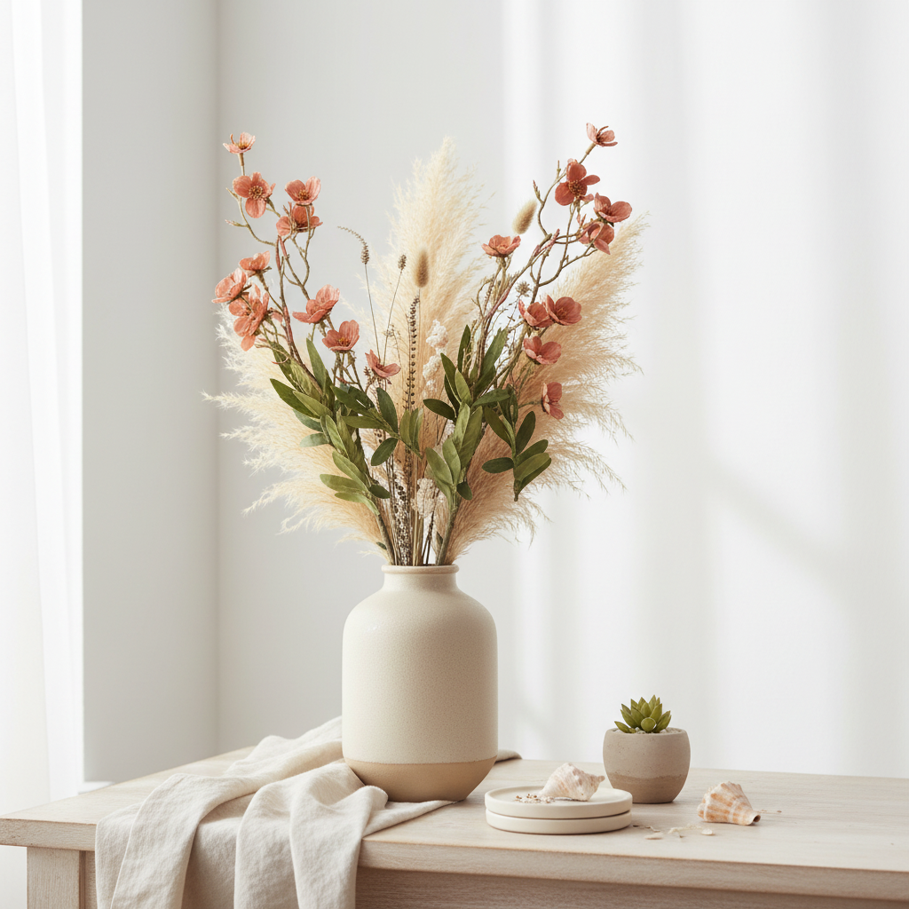 Artificial dusty rose dogwood stems in a neutral cream ceramic vase with boho styling, linen, and dried pampas grass on a light wood surface